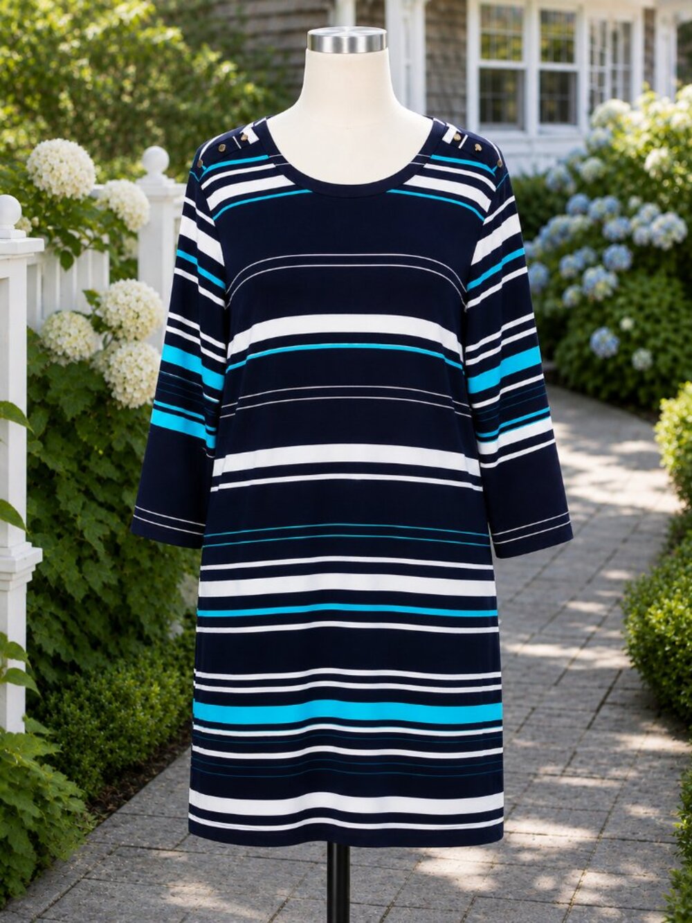 Crown & Ivy XL Nautical Stripe Dress Blue Aqua Button Shoulder Coastal Knit NEW